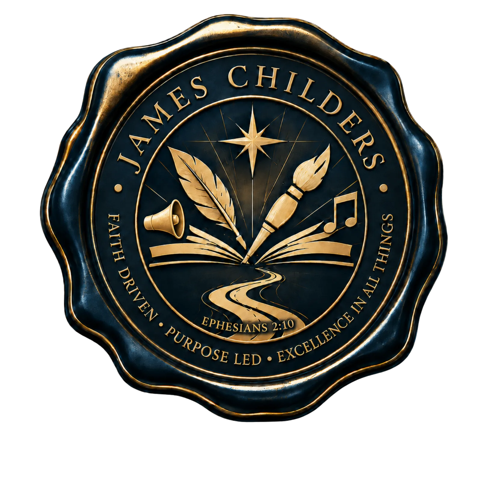 James Childers ornate wax seal with star, feather, paintbrush, musical notes, and open book