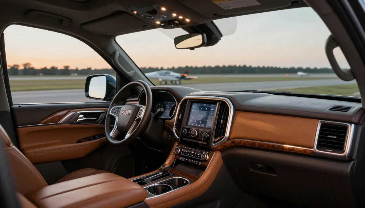 Luxury private SUV interior at sunset beside an airport runway